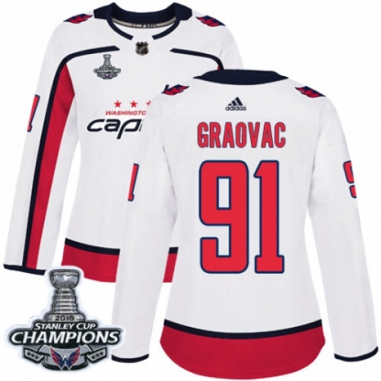 Women's Adidas Washington Capitals 91 Tyler Graovac Authentic White Away 2018 Stanley Cup Final Champions NHL Jersey