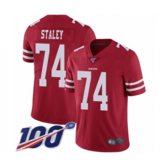 Youth San Francisco 49ers 74 Joe Staley Red Team Color Vapor Untouchable Limited Player 100th Season Football Jersey