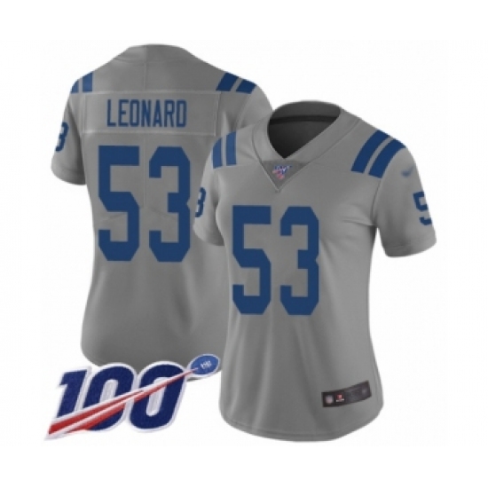 Women's Indianapolis Colts 53 Darius Leonard Limited Gray Inverted Legend 100th Season Football Jersey