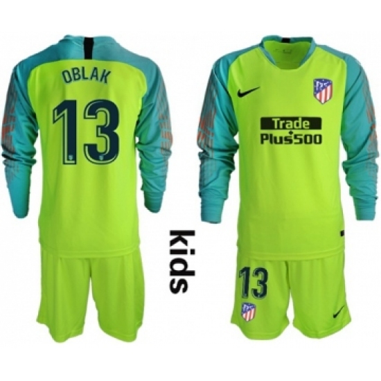 Atletico Madrid 13 Oblak Shiny Green Goalkeeper Long Sleeves Kid Soccer Club Jersey
