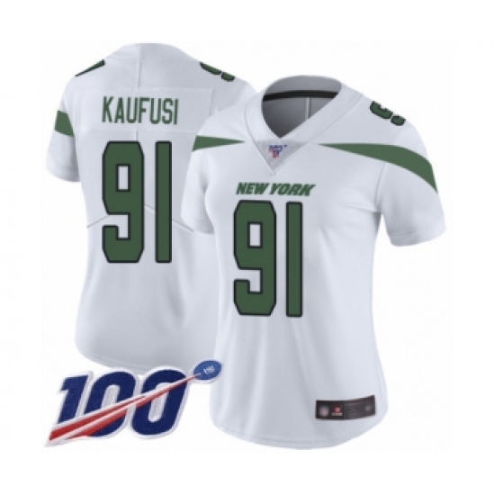 Women's New York Jets 91 Bronson Kaufusi White Vapor Untouchable Limited Player 100th Season Football Jersey