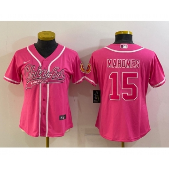 Women's Kansas City Chiefs 15 Patrick Mahomes Pink With Patch Cool Base Stitched Baseball Jersey