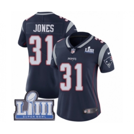 Women's Nike New England Patriots 31 Jonathan Jones Navy Blue Team Color Vapor Untouchable Limited Player Super Bowl LIII Bound NFL Jersey