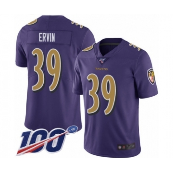 Men's Baltimore Ravens 39 Tyler Ervin Limited Purple Rush Vapor Untouchable 100th Season Football Jersey