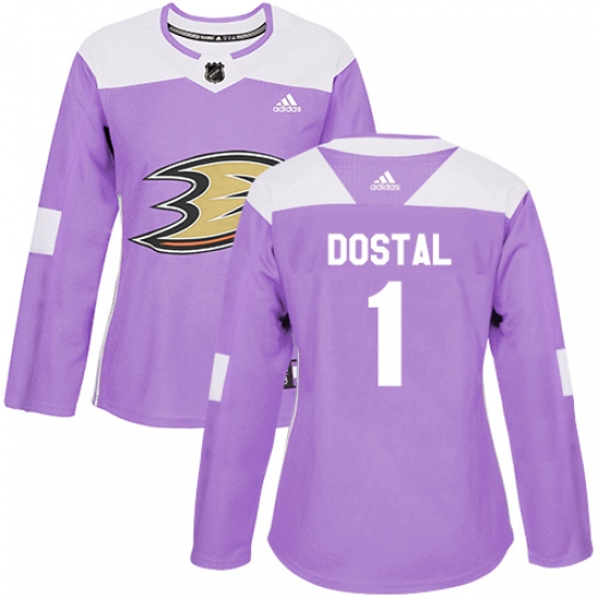 Women's Adidas Anaheim Ducks 1 Lukas Dostal Authentic Purple Fights Cancer Practice NHL Jersey