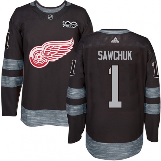Men's Adidas Detroit Red Wings 1 Terry Sawchuk Authentic Black 1917-2017 100th Anniversary NHL Jersey