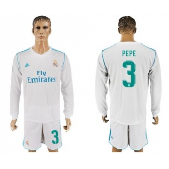 Real Madrid 3 Pepe White Home Long Sleeves Soccer Club Jersey