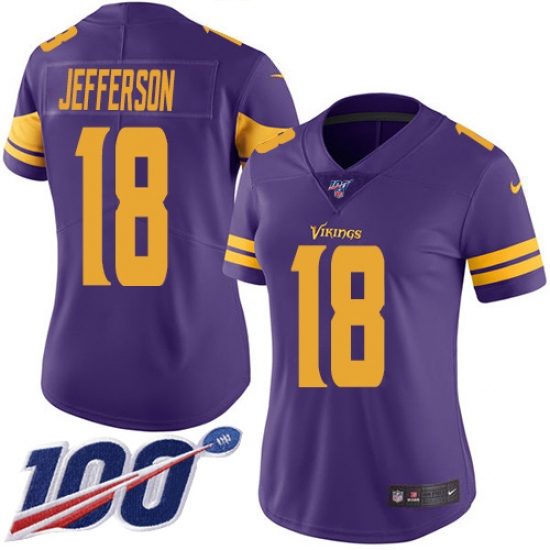 Women's Minnesota Vikings 18 Justin Jefferson Purple Stitched NFL Limited Rush 100th Season Jersey