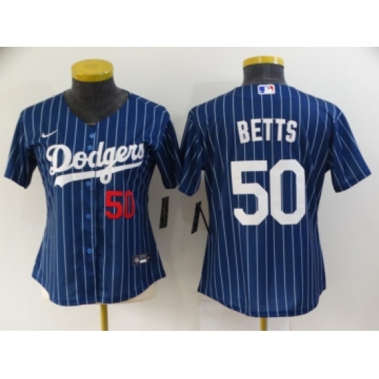 Women's Los Angeles Dodgers 50 Mookie Betts Navy Blue Pinstripe Stitched MLB Cool Base Nike Jersey