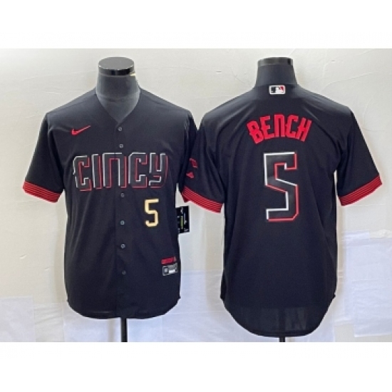 Men's Nike Cincinnati Reds 5 Johnny Bench Number Black 2023 City Connect Cool Base Stitched Baseball Jersey
