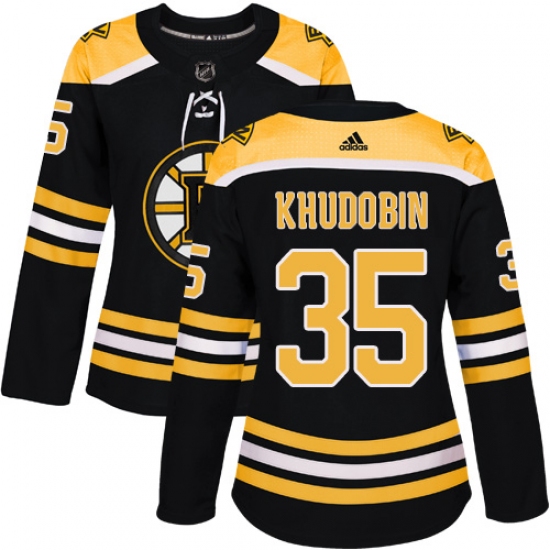 Women's Adidas Boston Bruins 35 Anton Khudobin Authentic Black Home NHL Jersey