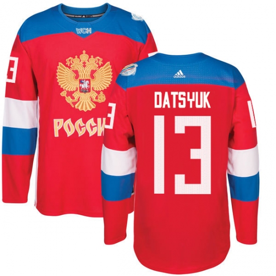 Men's Adidas Team Russia 13 Pavel Datsyuk Premier Red Away 2016 World Cup of Hockey Jersey