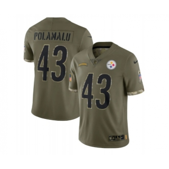 Men's Pittsburgh Steelers 43 Troy Polamalu 2022 Olive Salute To Service Limited Stitched Jersey