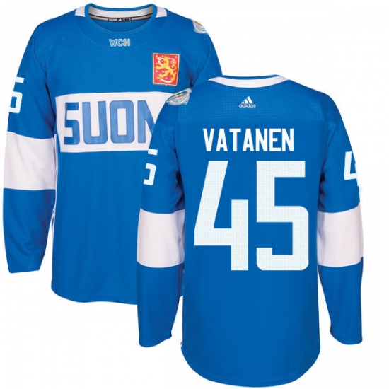 Men's Adidas Team Finland 45 Sami Vatanen Premier Blue Away 2016 World Cup of Hockey Jersey