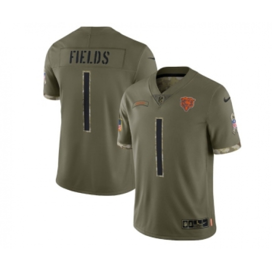 Men's Chicago Bears 1 Justin Fields 2022 Olive Salute To Service Limited Stitched Jersey
