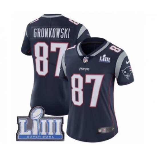 Women's Nike New England Patriots 87 Rob Gronkowski Navy Blue Team Color Vapor Untouchable Limited Player Super Bowl LIII Bound NFL Jersey