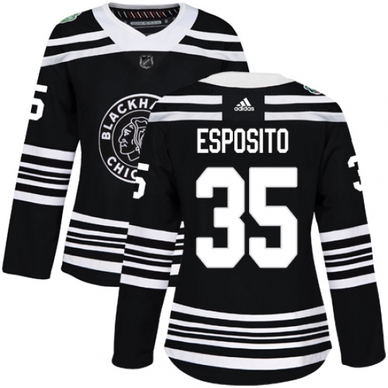 Women's Adidas Chicago Blackhawks 35 Tony Esposito Authentic Black 2019 Winter Classic NHL Jersey