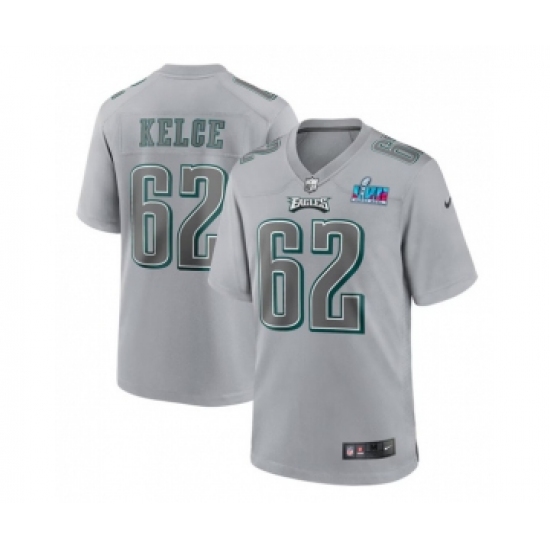 Men's Philadelphia Eagles 62 Jason Kelce Gray Super Bowl LVII Patch Atmosphere Fashion Stitched Game Jersey