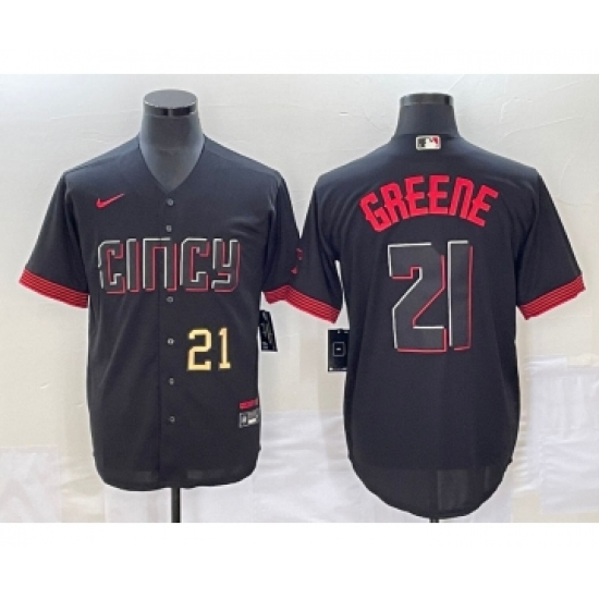 Men's Cincinnati Reds 21 Hunter Greene Number Black 2023 City Connect Cool Base Stitched Jersey