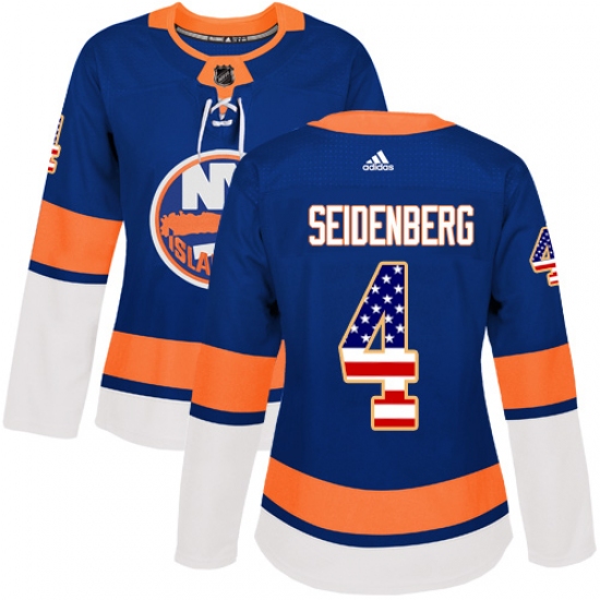 Women's Adidas New York Islanders 4 Dennis Seidenberg Authentic Royal Blue USA Flag Fashion NHL Jersey