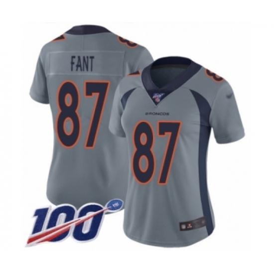 Women's Denver Broncos 87 Noah Fant Limited Silver Inverted Legend 100th Season Football Jersey