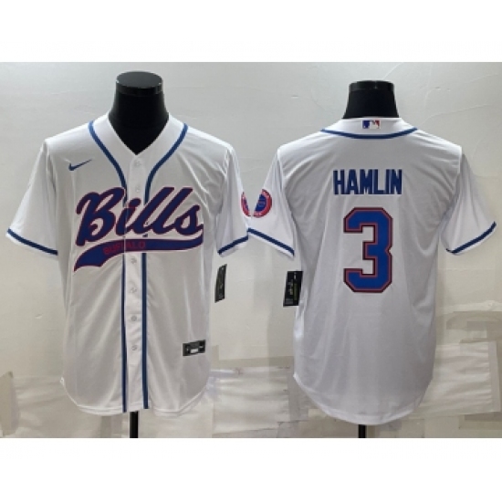 Men's Buffalo Bills 3 Damar Hamlin White With Patch Cool Base Stitched Baseball Jersey