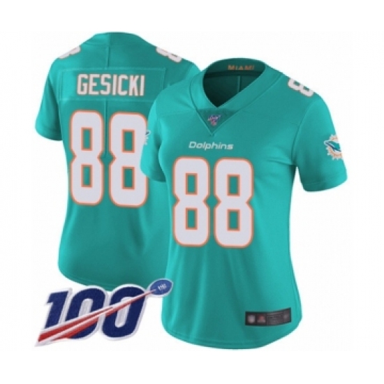 Women's Miami Dolphins 88 Mike Gesicki Aqua Green Team Color Vapor Untouchable Limited Player 100th Season Football Jersey