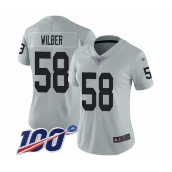 Women's Oakland Raiders 58 Kyle Wilber Limited Silver Inverted Legend 100th Season Football Jersey