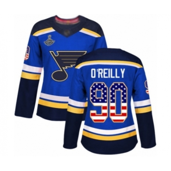Women's St. Louis Blues 90 Ryan O'Reilly Authentic Blue USA Flag Fashion 2019 Stanley Cup Champions Hockey Jersey