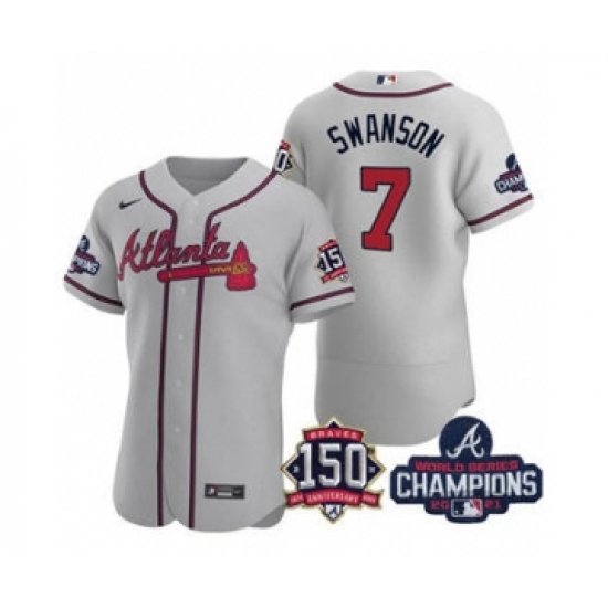 Men's Atlanta Braves 7 Dansby Swanson 2021 Gray World Series Champions With 150th Anniversary Flex Base Stitched Jersey