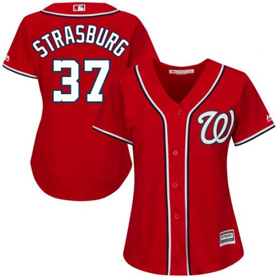 Women's Majestic Washington Nationals 37 Stephen Strasburg Authentic Red Alternate 1 Cool Base MLB Jersey