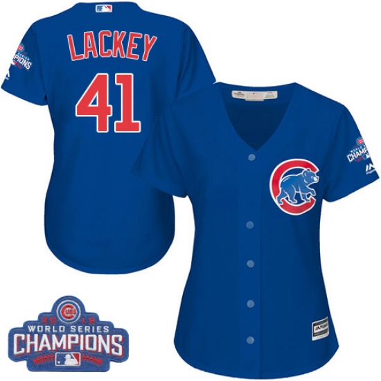 Women's Majestic Chicago Cubs 41 John Lackey Authentic Royal Blue Alternate 2016 World Series Champions Cool Base MLB Jersey