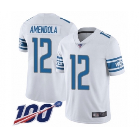 Men's Detroit Lions 12 Danny Amendola White Vapor Untouchable Limited Player 100th Season Football Jersey