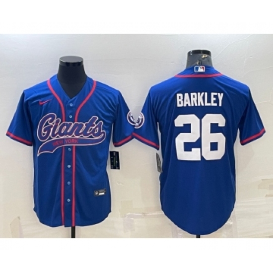 Men's New York Giants 26 Saquon Barkley Blue With Patch Cool Base Stitched Baseball Jersey