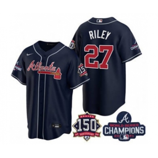 Men's Atlanta Braves 27 Austin Riley 2021 Navy World Series Champions With 150th Anniversary Patch Cool Base Stitched Jersey