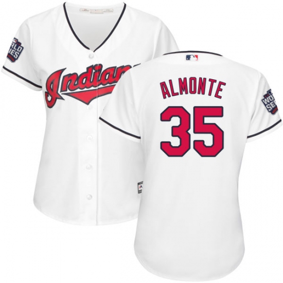 Women's Majestic Cleveland Indians 35 Abraham Almonte Authentic White Home 2016 World Series Bound Cool Base MLB Jersey