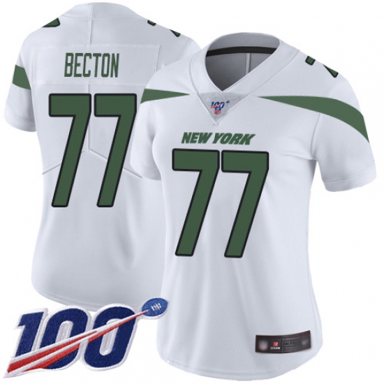 Women's New York Jets 77 Mekhi Becton White Stitched 100th Season Vapor Untouchable Limited Jersey