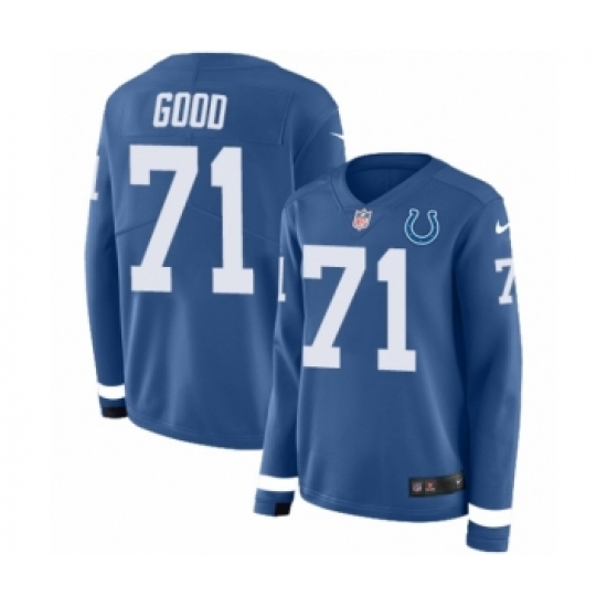 Women's Nike Indianapolis Colts 71 Denzelle Good Limited Blue Therma Long Sleeve NFL Jersey