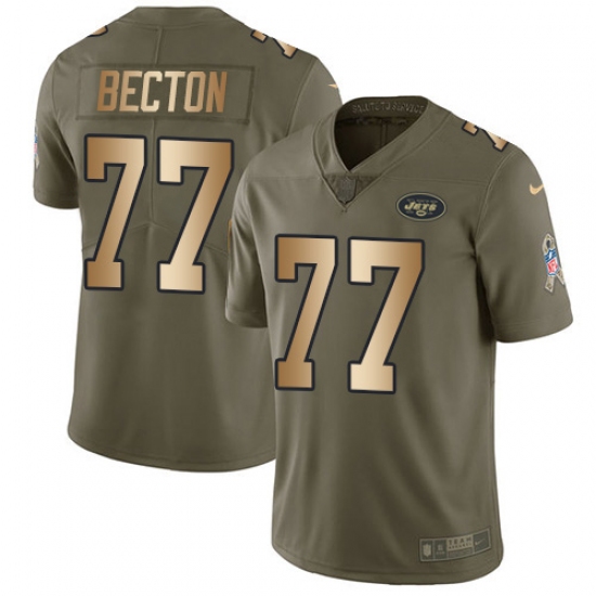 Youth New York Jets 77 Mekhi Becton Olive Gold Stitched Limited 2017 Salute To Service Jersey