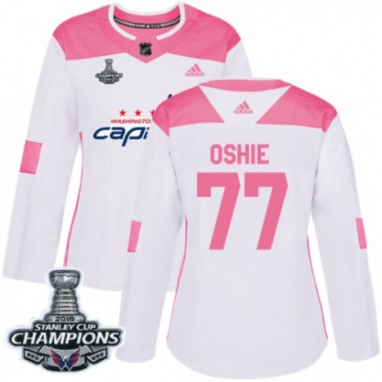 Women's Adidas Washington Capitals 77 T.J. Oshie Authentic White Pink Fashion 2018 Stanley Cup Final Champions NHL Jersey