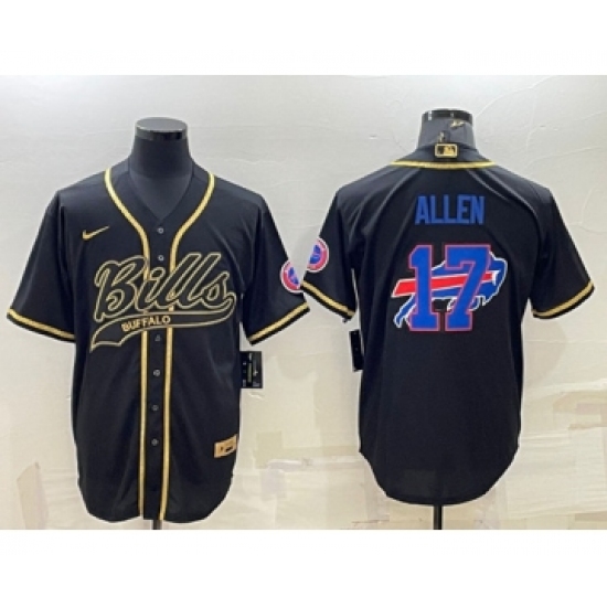 Mens Buffalo Bills 17 Josh Allen Black Gold Team Big Logo With Patch Cool Base Stitched Baseball Jersey