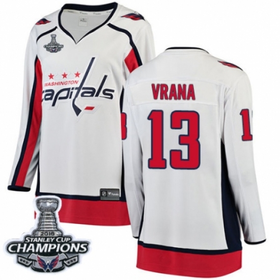 Women's Washington Capitals 13 Jakub Vrana Fanatics Branded White Away Breakaway 2018 Stanley Cup Final Champions NHL Jersey