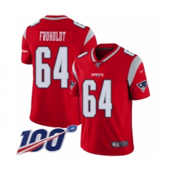 Men's New England Patriots 64 Hjalte Froholdt Limited Red Inverted Legend 100th Season Football Jersey