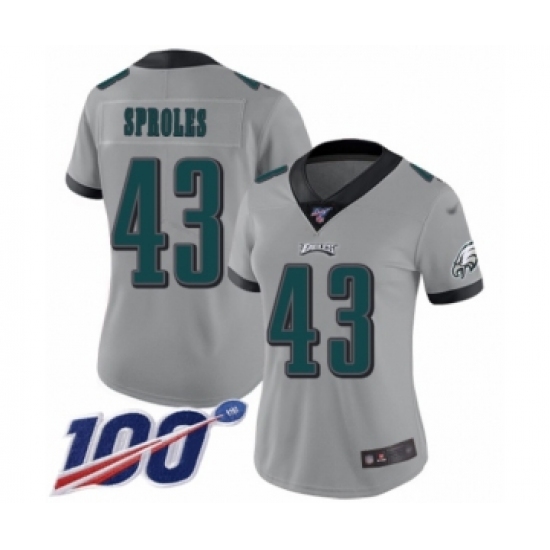 Women's Philadelphia Eagles 43 Darren Sproles Limited Silver Inverted Legend 100th Season Football Jersey