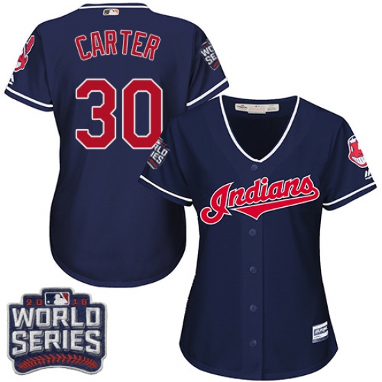 Women's Majestic Cleveland Indians 30 Joe Carter Authentic Navy Blue Alternate 1 2016 World Series Bound Cool Base MLB Jersey