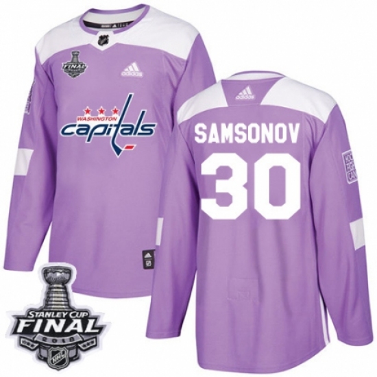 Men's Adidas Washington Capitals 30 Ilya Samsonov Authentic Purple Fights Cancer Practice 2018 Stanley Cup Final NHL Jersey
