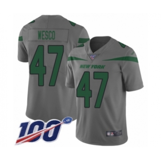 Men's New York Jets 47 Trevon Wesco Limited Gray Inverted Legend 100th Season Football Jersey