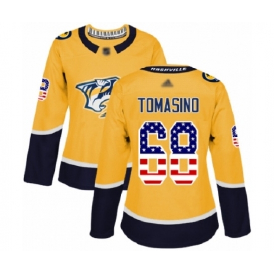 Women's Nashville Predators 68 Philip Tomasino Authentic Gold USA Flag Fashion Hockey Jersey