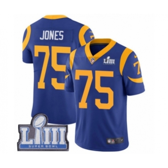 Men's Nike Los Angeles Rams 75 Deacon Jones Royal Blue Alternate Vapor Untouchable Limited Player Super Bowl LIII Bound NFL Jersey