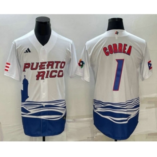 Men's Puerto Rico Baseball 1 Carlos Correa White 2023 World Baseball Classic Stitched Jerseys